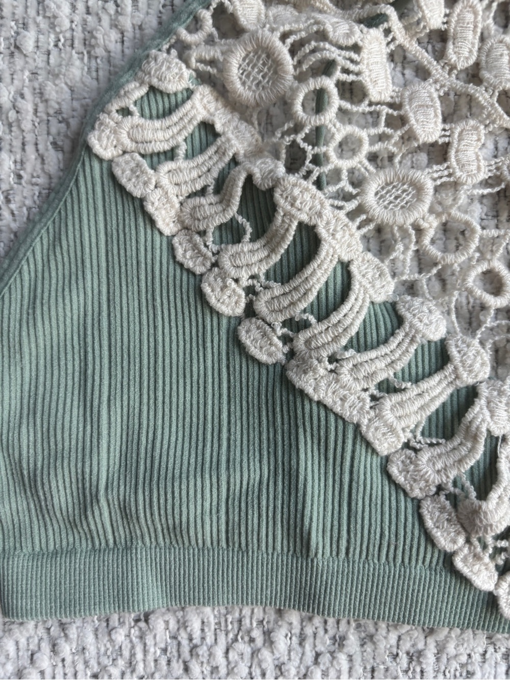 Three Bird Nest Sage Green Ribbed Halter Bralette with Cream Crochet - Picture 3 of 6
